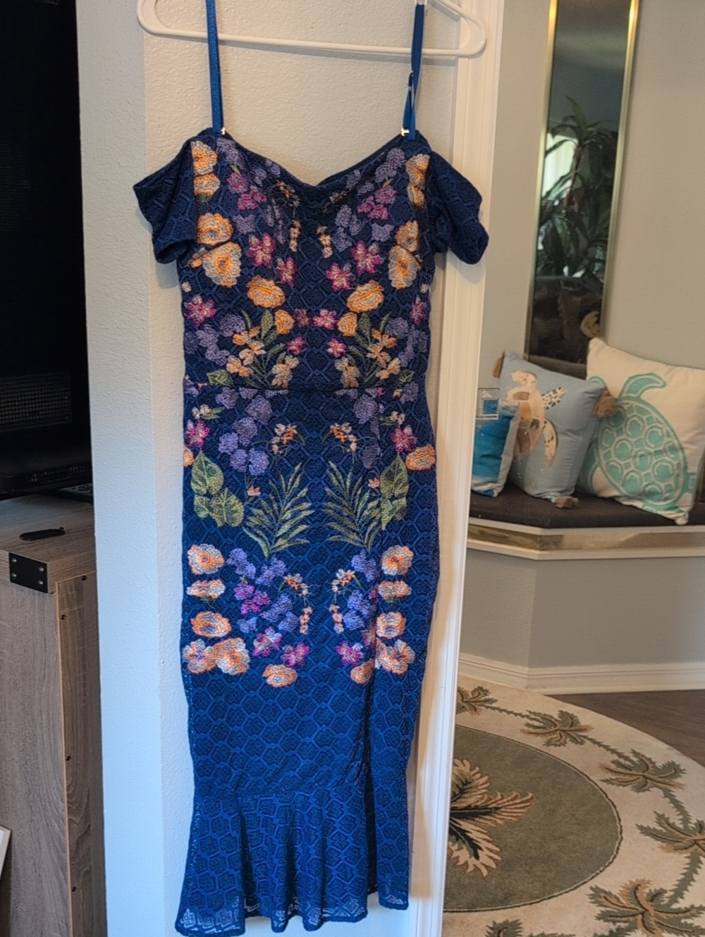 Guess Royal Blue Floral Embroidered Off-Shoulder Midi Dress Excellent Condition